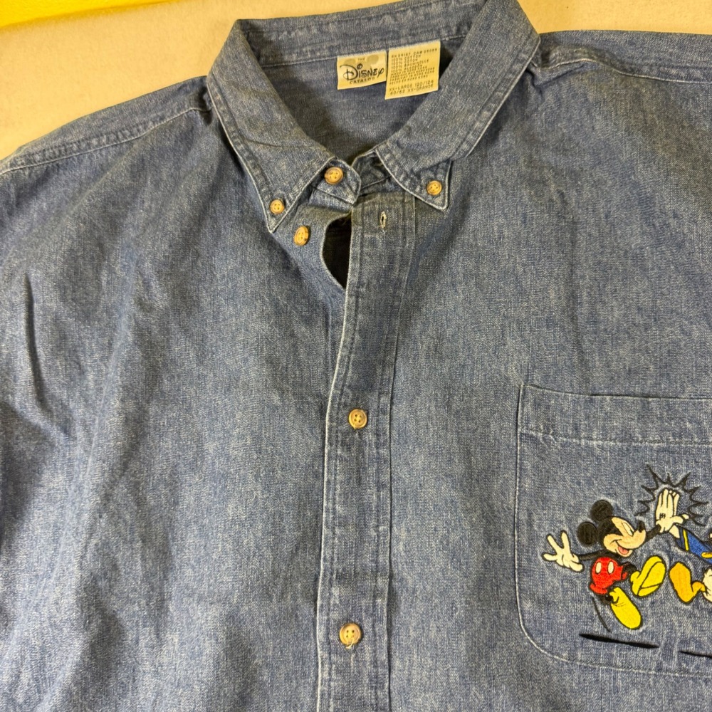 Disney Catalog Mickey Mouse Donald Duck Denim Shirt Blue Mens XXL Long Sleeve
